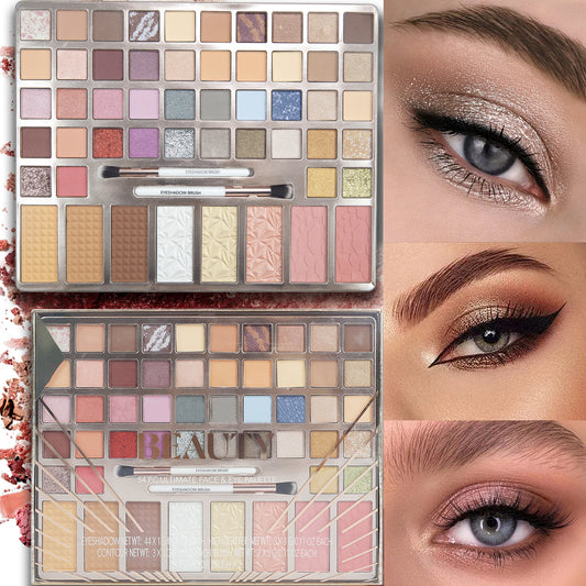 Paris Hilton Bombshell Beauty 54 Pc Ultimate Face & Eye Palette | Eyeshadows, Highlighter, Contour, Blush + 2 Brushes | Ultra-Blendable High-Shine Pigments