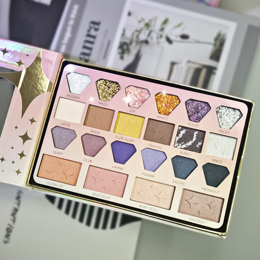 Smoke & Mirrors Star Gazing 22 Pc Face & Eye Palette | Eyeshadows+Glitter+Blush+Highlighter | Pigmented, Silky-Blendable for All Skin Tones