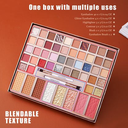 Paris Hilton Bombshell Beauty 54 Pc Ultimate Face & Eye Palette | Eyeshadows, Highlighter, Contour, Blush + 2 Brushes | Ultra-Blendable High-Shine Pigments