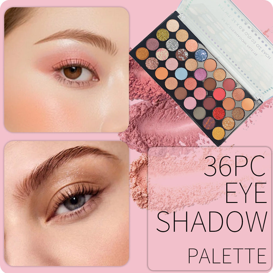 36Pc Pressed Powder Eyeshadow Palette | Matte + Glitter Shades | Pigmented & Silky-Blendable for Daily to Night Looks