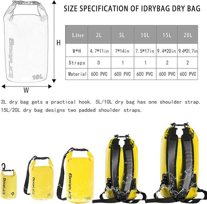 IDRYBAG Dry Bags for Kayaking Waterproof 2L/5L/10L/15L/20L, Small Dry Bag Waterproof Floating, Dry Sack Waterproof Bag for Paddleboarding Travel