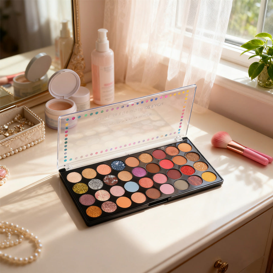 36Pc Pressed Powder Eyeshadow Palette | Matte + Glitter Shades | Pigmented & Silky-Blendable for Daily to Night Looks